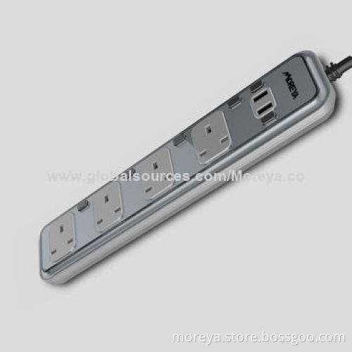 UK Standard Power Strip with 4 Sockets Outlets, 2 USB Charging ports and Individual Switches